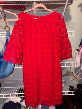 Talbots Red Lace Midi Dress with Scalloped Circle Detail